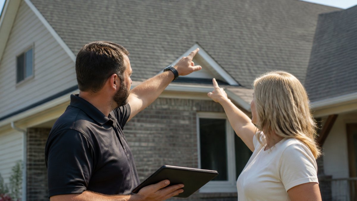 Roofing contractor and homeowner reviewing roof plans together on a tablet at the home's exterior, both pointing at the roof structure with engaged discussion and natural daylight