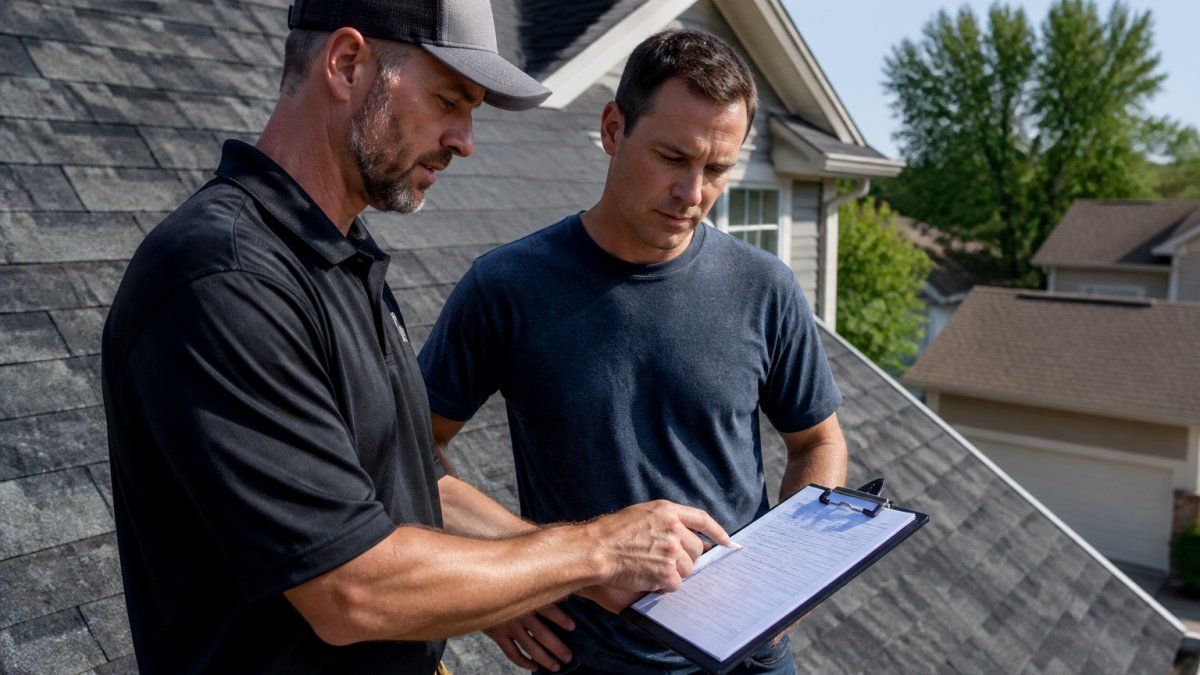 Professional roofing contractor and homeowner standing on residential roof reviewing estimate document together on clipboard, clear daylight showing roof condition and materials, suburban home setting