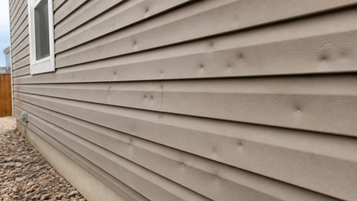 Close-up of hail damage on residential siding showing multiple dents and impact marks from severe weather, natural daylight revealing the extent of damage across vinyl panels