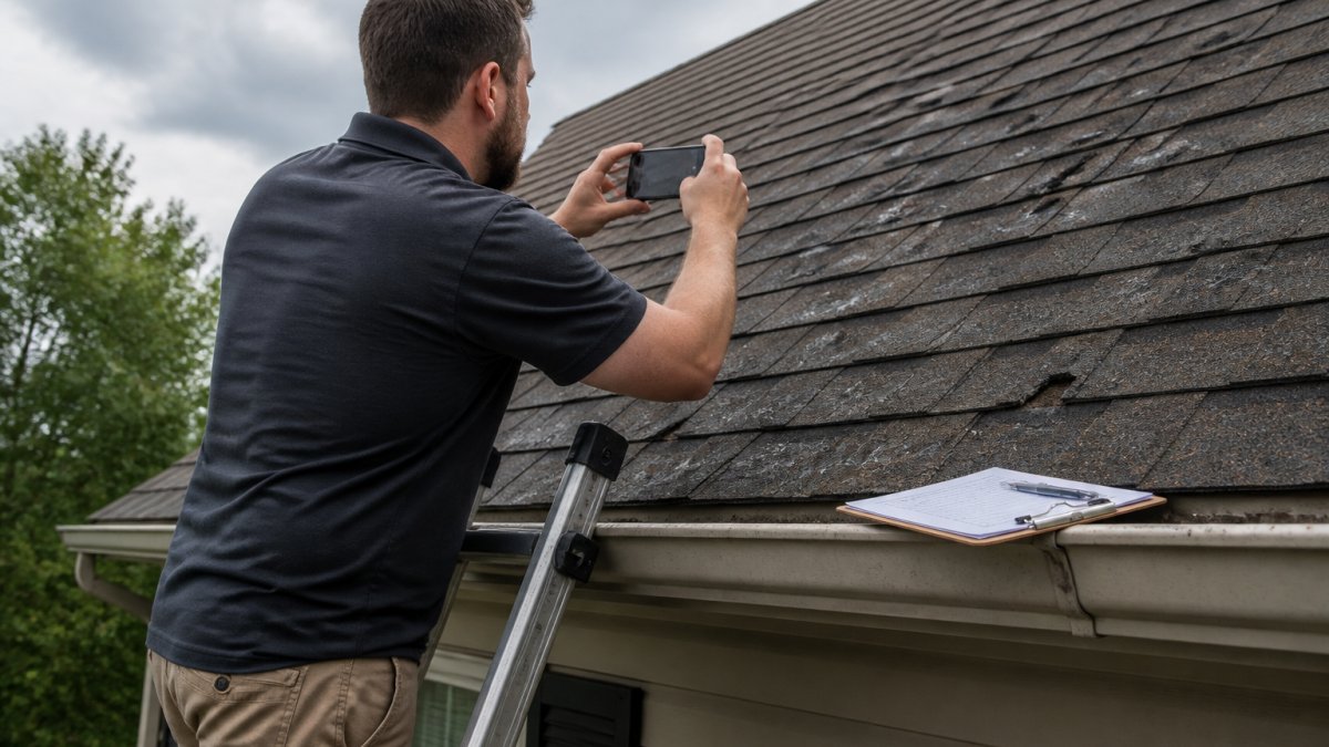 Homeowner using a smartphone to document roof shingles for a hail damage claim after a storm.
