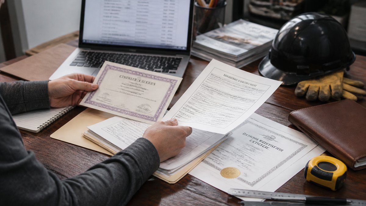 Close-up of hands reviewing contractor license documents, insurance certificates, and business registration papers spread across a desk with a laptop displaying state business records