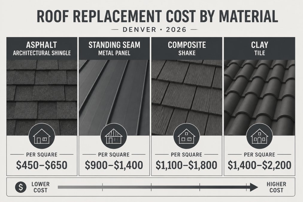 Sample board showing asphalt architectural shingle, standing seam metal panel, composite shake, and clay tile side by side with per-square cost labels