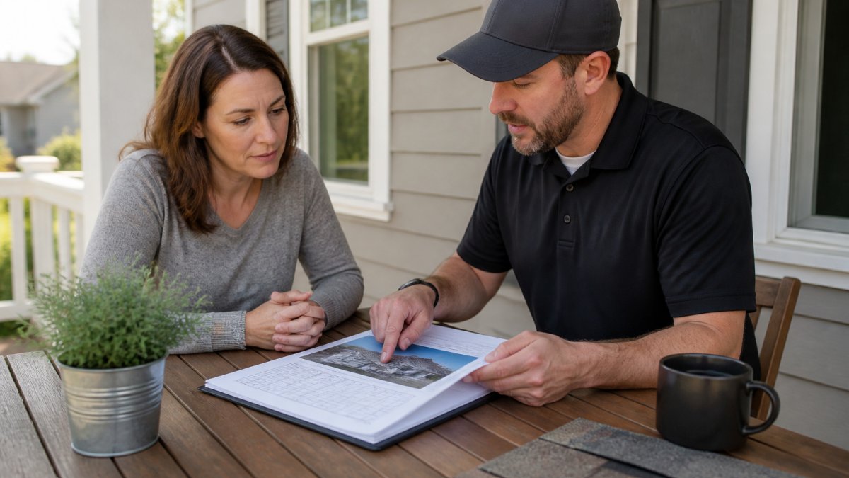 Homeowner meeting with roofing contractor on front porch, reviewing roof inspection report and discussing project plans at wooden table with natural afternoon lighting