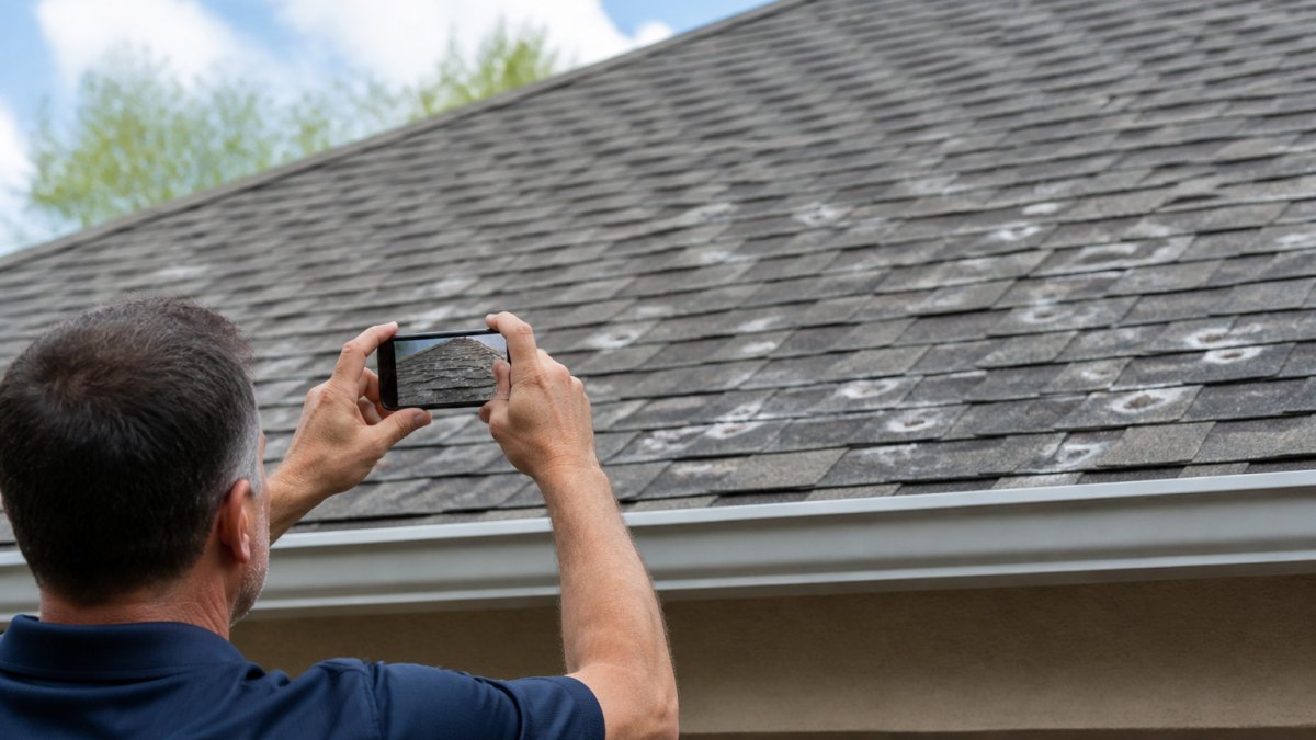 Infographic showing steps to document hail damage for a roof insurance claim denial by photographing shingles